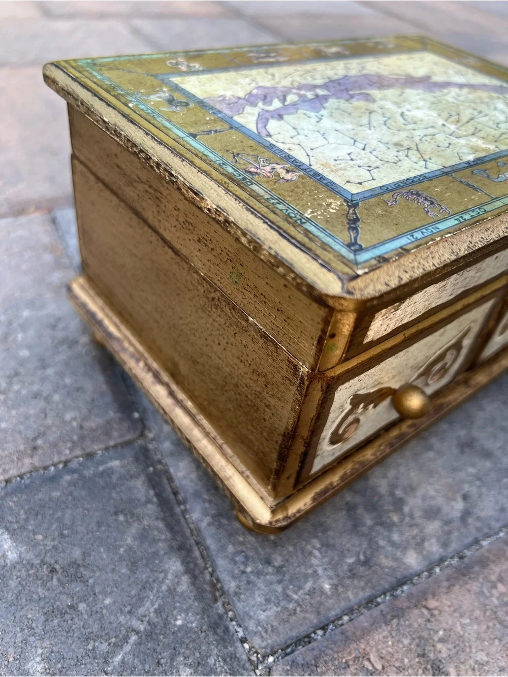 Vintage Italian Florentine Gold Jewelry Box with Zodiac Constellation Lid